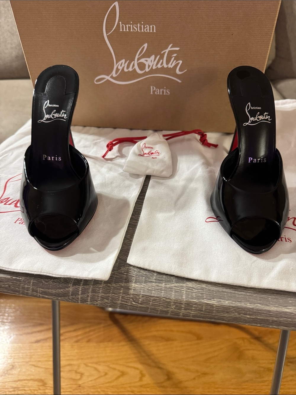 Christian Louboutin Black Patent Peep-Toe Mules with Red Sole Accent